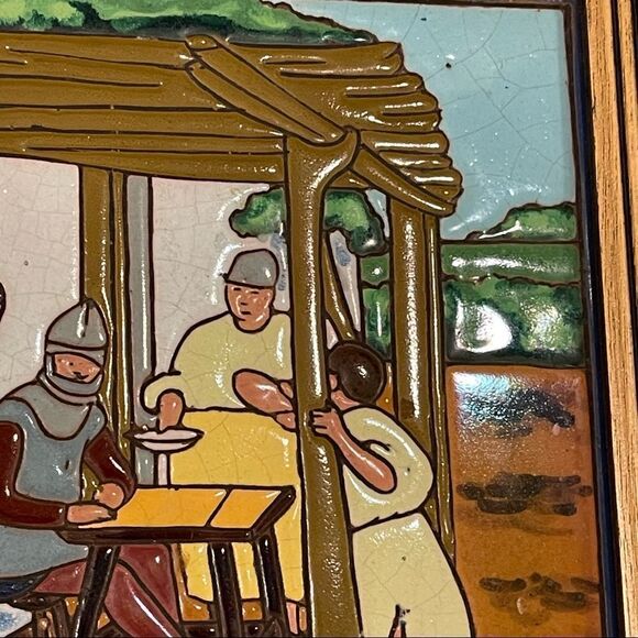 Antique Don Quixote Scene 8” Enameled Clay 8” Square Tiles Custom Framed - Picture 12 of 16
